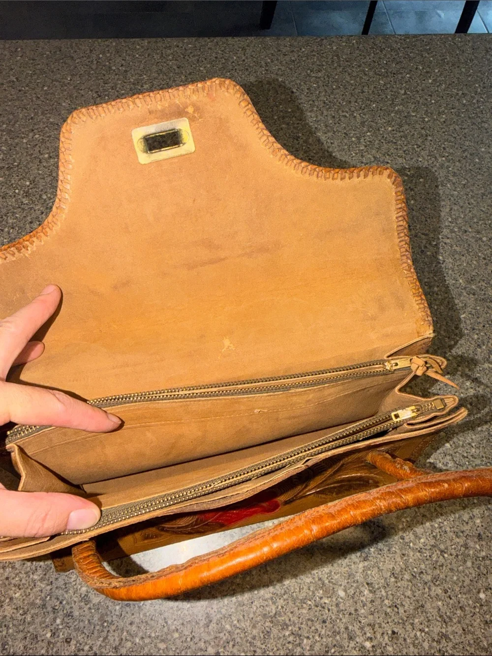 Hand-Tooled Leather Satchel Handbag in Tan with Red Accent